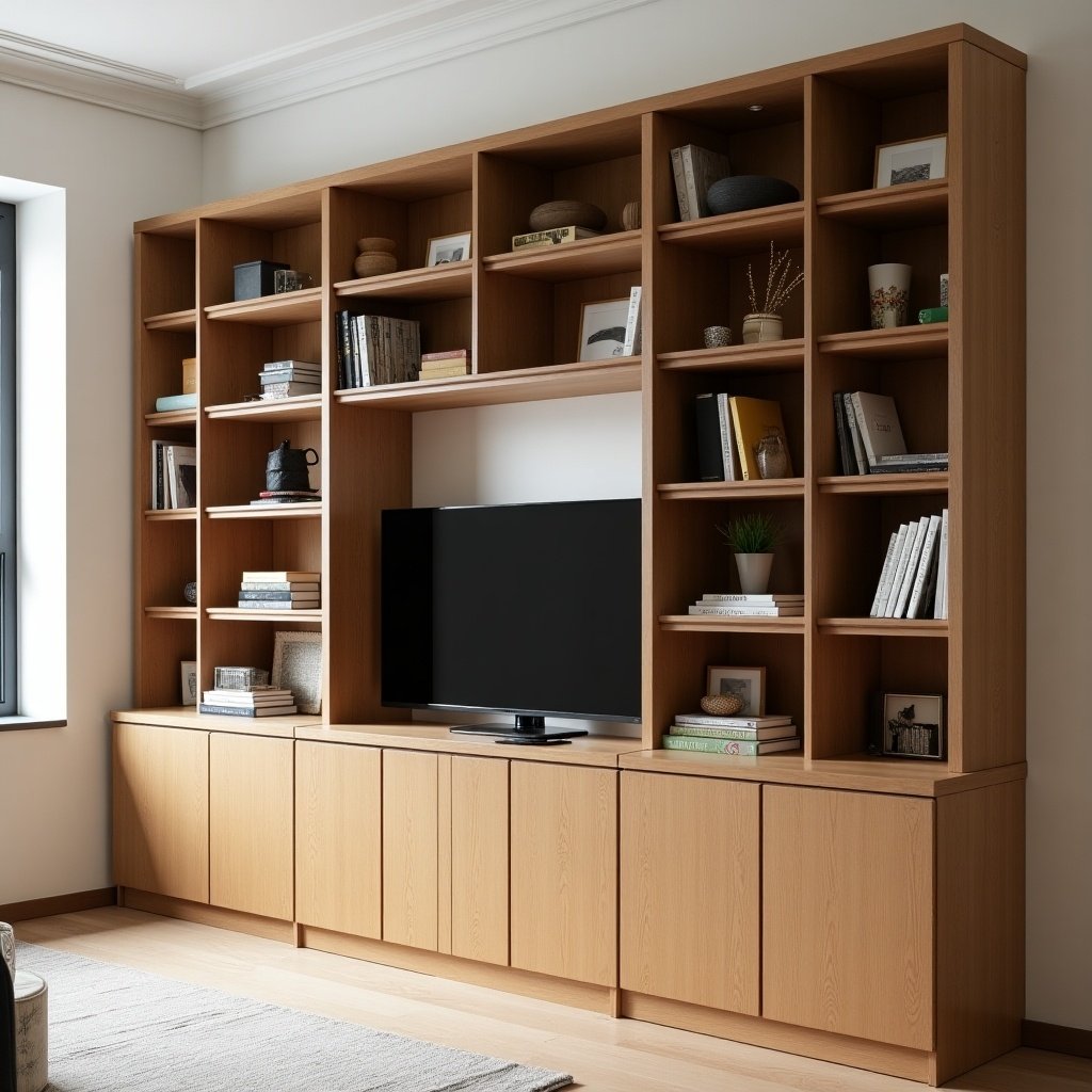 A modern bookcase in a bright room. The bookcase is made of plywood with a teak stain. It features five modules for displaying books. The middle module holds a 32-inch TV. The lower section has closed cabinets with smooth plywood fronts. The design reflects Danish style furniture from the 1960s. The bookcase has a built-in wall effect.