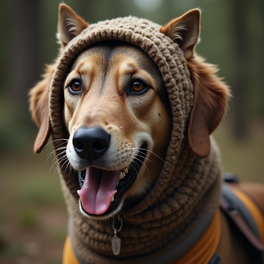 Hunting dog featured with cat head. The setting includes a natural environment with the dog wearing a peculiar head covering.