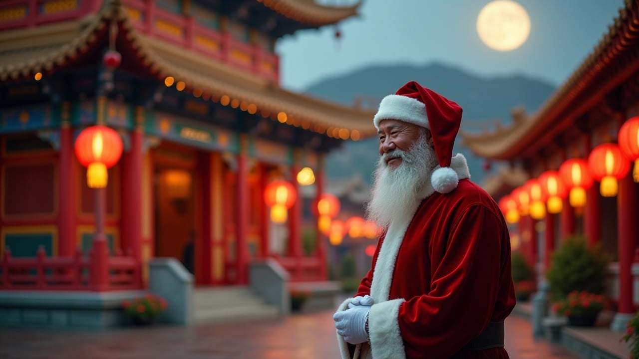 Cinematic image features Santa standing in front of a traditional Chinese temple. Smiling and bowing, showing respect for cultural origins of Tai Chi Chuan. Bright moon lights the scene during magic hour. Hyper-realistic shot on Arriflex.