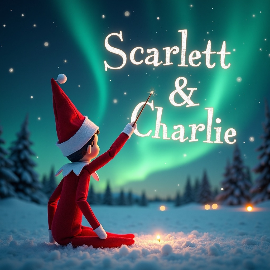 The image features an elf on the shelf character seated on snow, facing away from the viewer. It is nighttime, with a spectacular display of northern lights in the sky. The elf is joyfully using a magic wand to write the names 'Scarlett & Charlie' in elegant letters among the stars. Christmas trees are silhouetted in the foreground, and hints of Santa Claus can be seen in the background, adding to the holiday ambiance. The scene captures a sense of magic and wonder, perfect for the festive season.