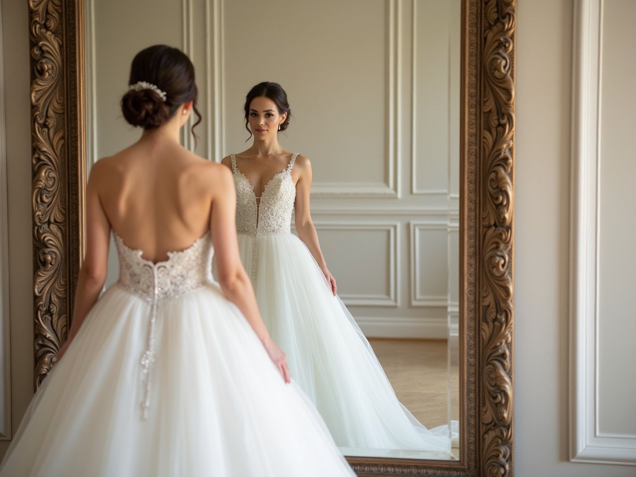 Bride in elegant white gown stands in front of ornate mirror. Reflection of bride visible in the mirror. Soft lighting illuminates the scene. Elegant and romantic atmosphere.