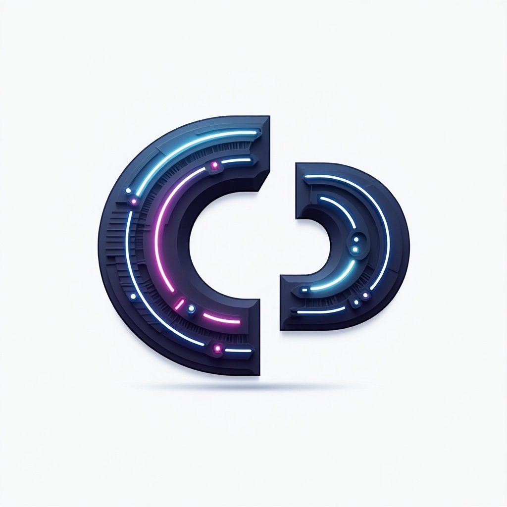 Stylized letters C and D in a futuristic design. Neon elements illuminate the letters. Dark blue and bright colors contrast against a light background.