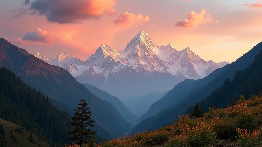 Stunning Himalayan mountain range under a summer sky. Golden hour casts warm light over peaks and valleys. Lush forests and vibrant flowers in foreground.