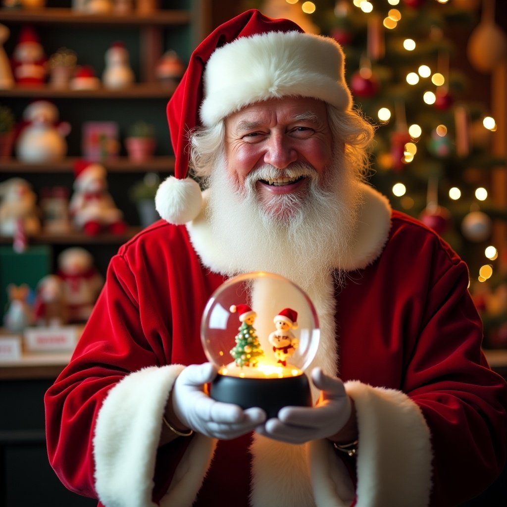 Santa Claus dressed in classic red suit holding a snow globe. Displaying names Landry and Ava. Background features a toy shop with Christmas decorations. Warm inviting atmosphere with soft glow from the snow globe. Captures joy and magic of holiday celebrations.