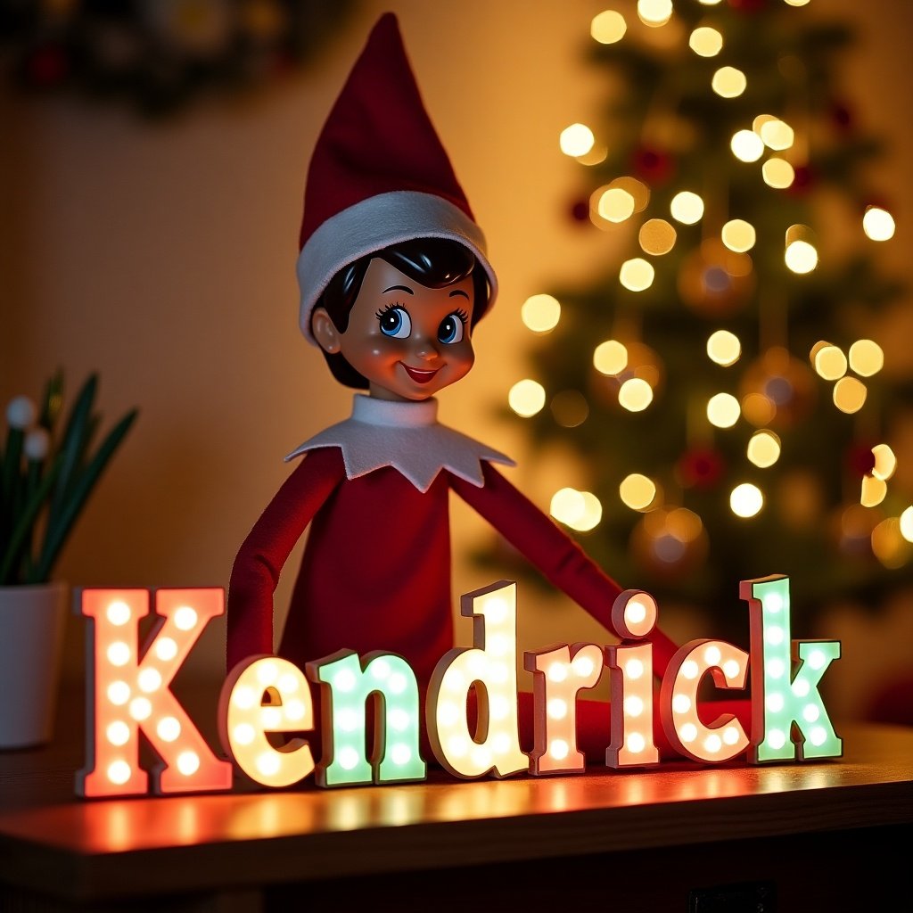 A cheerful elf is prominently displayed in a vibrant Christmas scene. The elf is wearing a festive red and white outfit and joyfully writing the name 'Kendrick' with colorful illuminated letters. In the background, a beautifully decorated Christmas tree adds to the festive vibe. Twinkling lights enhance the warm atmosphere, emphasizing the magic of Christmas. This enchanting scene is perfect for family celebrations and personalized gifts.