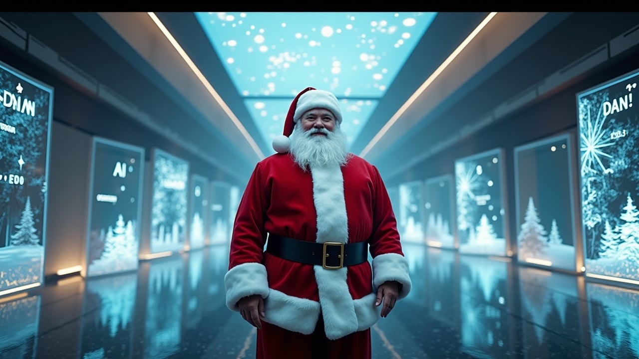 Cinematic image showing Santa Claus in a futuristic environment. Room features holographic designs. Openings reveal woods and sky. Santa is surrounded by glowing models and visualizations. Text overlays with holiday messages. Hiperrealistic style.