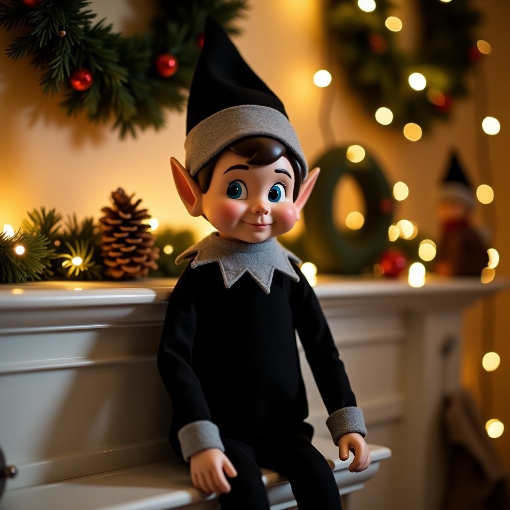 Christmas elf named Dominik sitting on a mantel. Elf wears a black outfit and gray collar. Background features festive elements like wreaths and Christmas lights. Setting conveys warm holiday atmosphere.