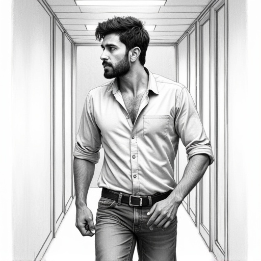 Highly detailed pencil sketch of a man named Krish in a corridor. Athletic build is shown wearing a light blue shirt and dark jeans. Expression of exhaustion and resolve is visible. Background emphasizes a smooth blended shading and high contrast in monochrome.