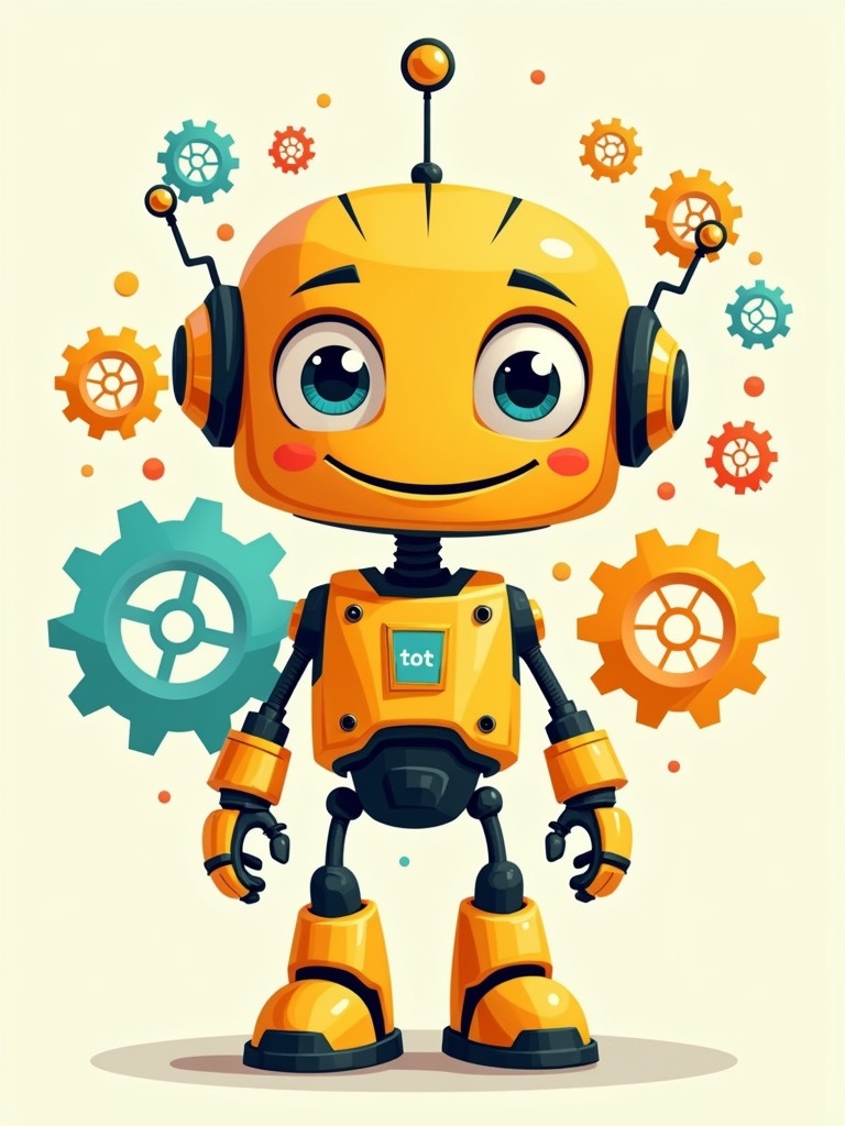 Cartoon-style robot with a friendly smile large expressive eyes and a tech-inspired background of colorful gears Dominant colors are yellow orange and turquoise Simple yet striking design appeals to children