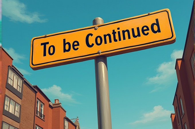 A yellow street sign with black lettering reads 'To be Continued,' set against a clear blue sky with buildings flanking either side.