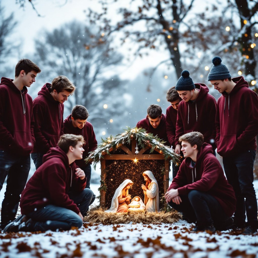 Group of sixteen year old boys in maroon hoodies stand and kneel before Christmas manger scene in winter setting.