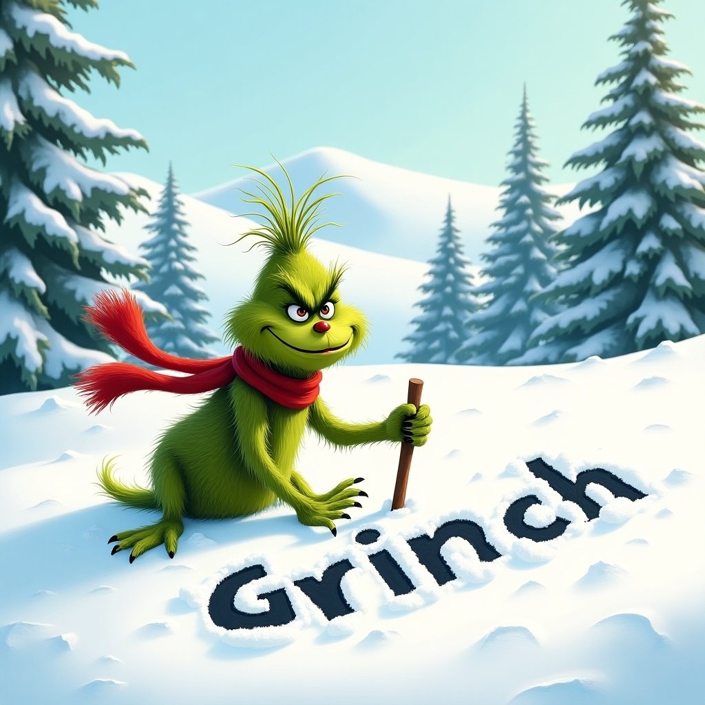 The Grinch writing his name in the snow with a stick. The scene depicts snow-covered hills and evergreen trees. The Grinch is green and has a red scarf.