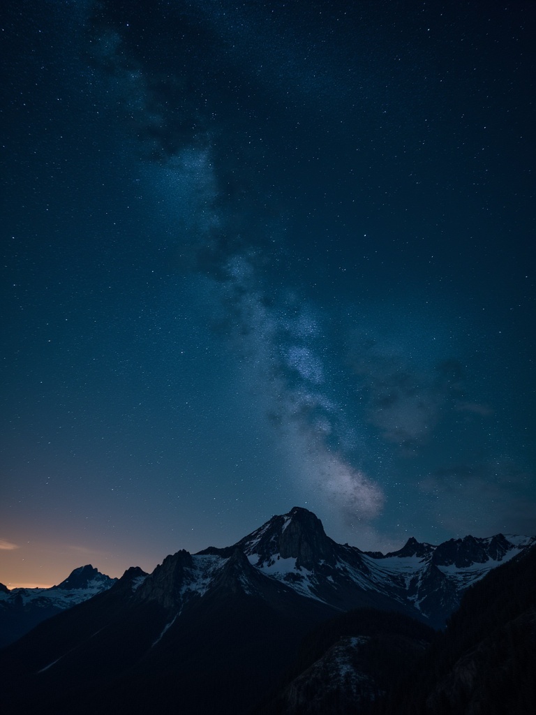 Night sky filled with stars. Milky Way visible above mountain peaks. Snow-capped mountains under a dark sky. A serene and tranquil atmosphere.