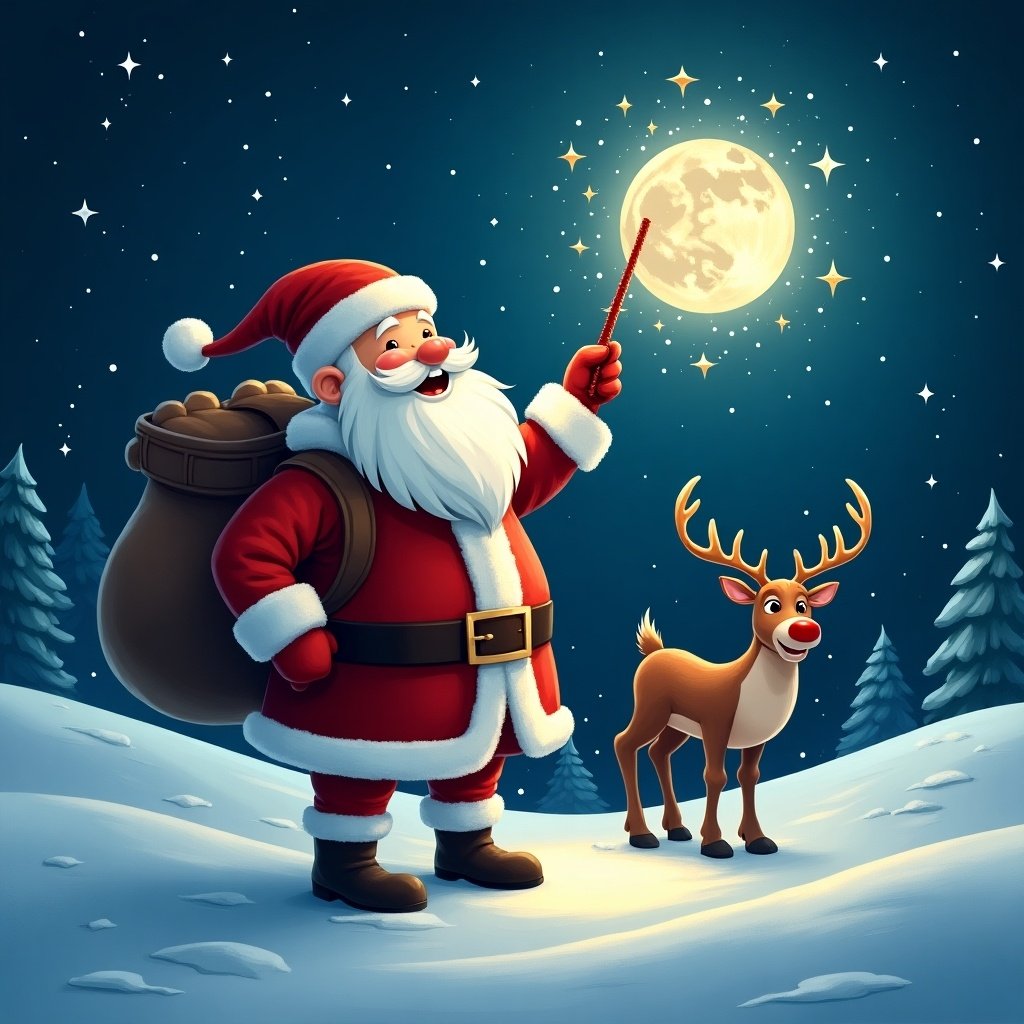 Santa stands in the snow at night. He is smiling and pointing at the glowing moon. A reindeer stands next to him. Snow-covered trees are in the background. Santa has a big sack on his back. A magical wand creates text in the air. Stars twinkle brightly in the sky.