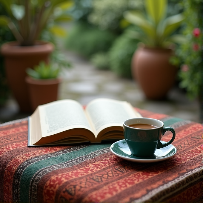 A book and a cup of coffee sit on a colorful tablecloth in a garden setting.