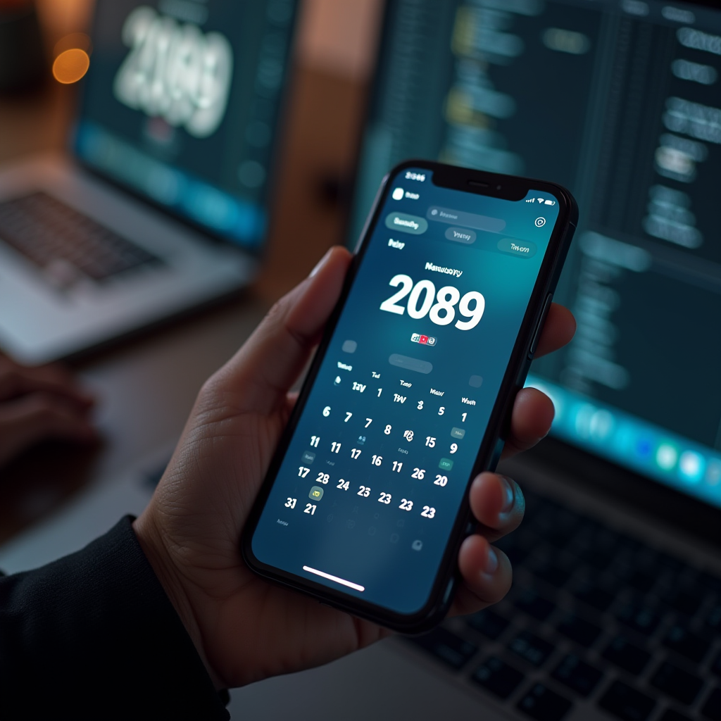 A person holding a smartphone displaying a futuristic calendar for the year 2089, with a blurred computer screen in the background.