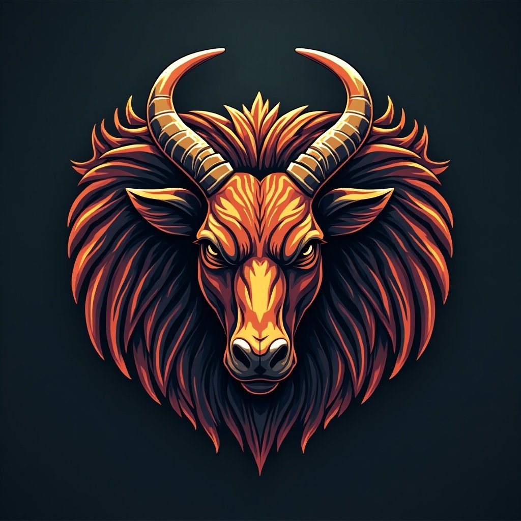 Design a logo featuring a goat head. The goat is illustrated with dramatic horns and a flowing mane. Use vibrant colors like orange to symbolize energy. The background should be dark to enhance the logo's visibility.