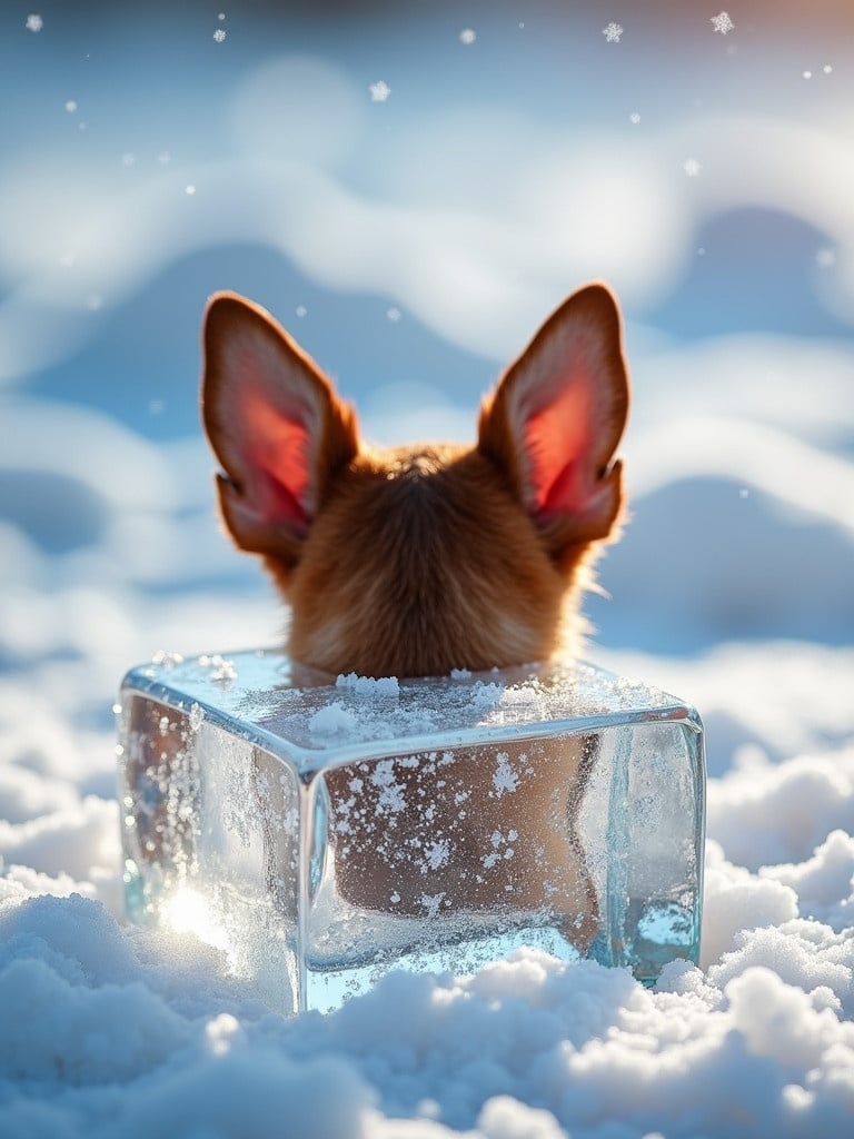 Photo of dog's ears encased in transparent ice on snow. Soft snowflakes surround the cube. Bright sunlight reflects off ice, enhancing the scene. Ears appear curious and playful, visible from back.