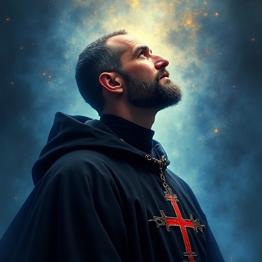 Digital portrait of Saint Camillus de Lellis. Modern interpretation with a color palette of deep blues and golden highlights. Depiction in a black cassock with a red cross. Expression of faith looking upward. Surrounded by soft glow symbolizing sacred mission. Background mixes deep blue and gold.