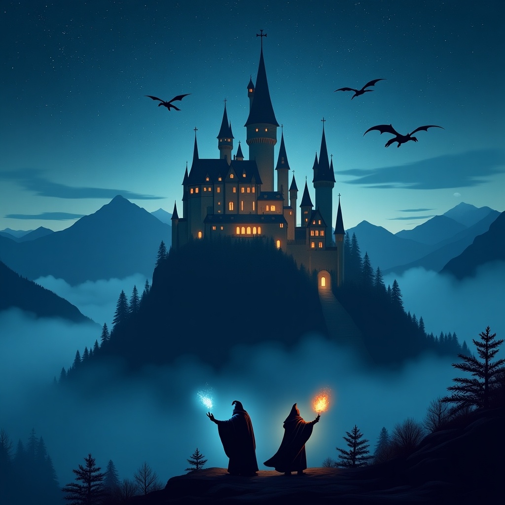 A magical castle glows at night. Two wizards cast spells. Dragon silhouettes fly in a misty mountain background. Starry sky fills the scene.