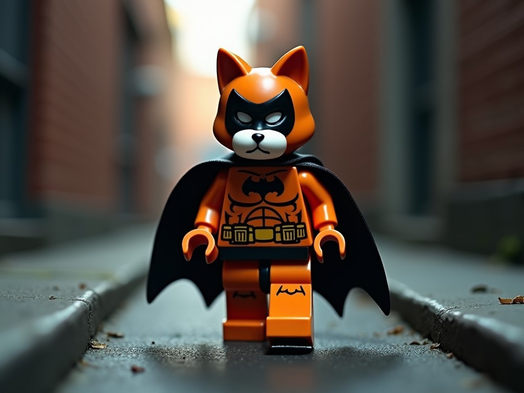 A Lego figure in the shape of an orange and white cat stands confidently in a dim alley. The figure is adorned in a black cape and a Batman mask, capturing a playful superhero theme. The narrow alley is lined with bricks and a subtle mist adds ambience. Leaves can be seen on the ground, enhancing the urban feel. The lighting is soft, making the colors of the figure pop against the darker background.