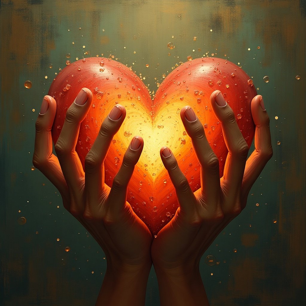 A pair of hands gently holds a glowing heart, radiating warmth. The heart is vibrant red and orange, with bubbles around it, set against a textured dark background.