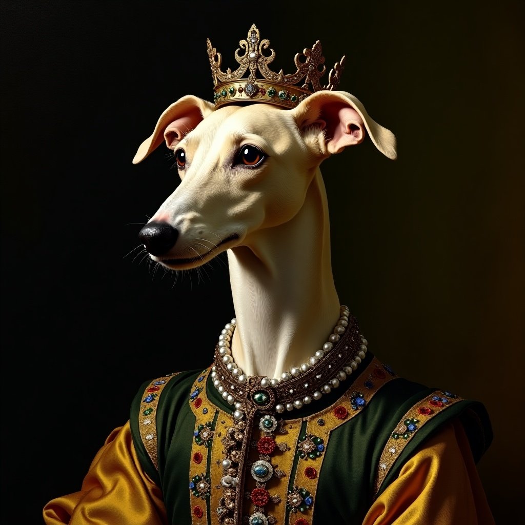 Portrait of a male whippet. The dog is wearing a crown. The dog is dressed in royal clothing from the 17th century. Clothing colors include gold green and black. The clothing features jewels silk and intricate patterns. The dog is completely covered except for the head. Lighting highlights the dog's face. The background is dark to emphasize the whippet.