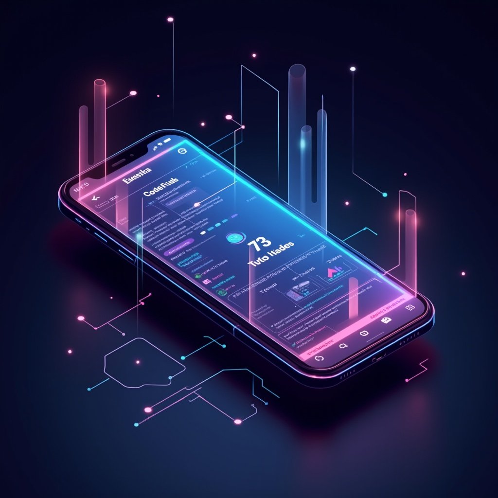 Futuristic mobile app with sleek design. Todo list displayed on a smartphone. Features neon colors and holographic effects. Immersive and tech-forward look.