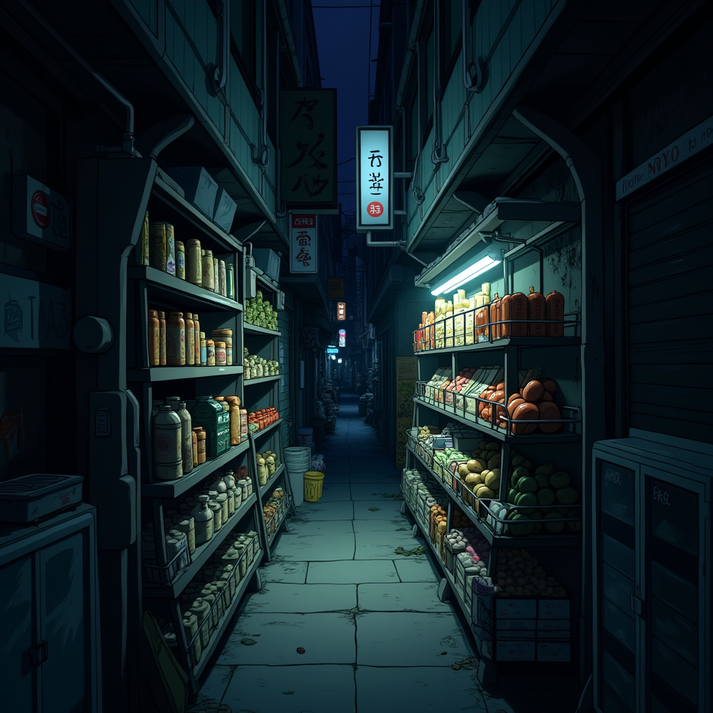 A dimly lit narrow alley with shelves full of jars, vegetables, and fruits under neon signs at night.