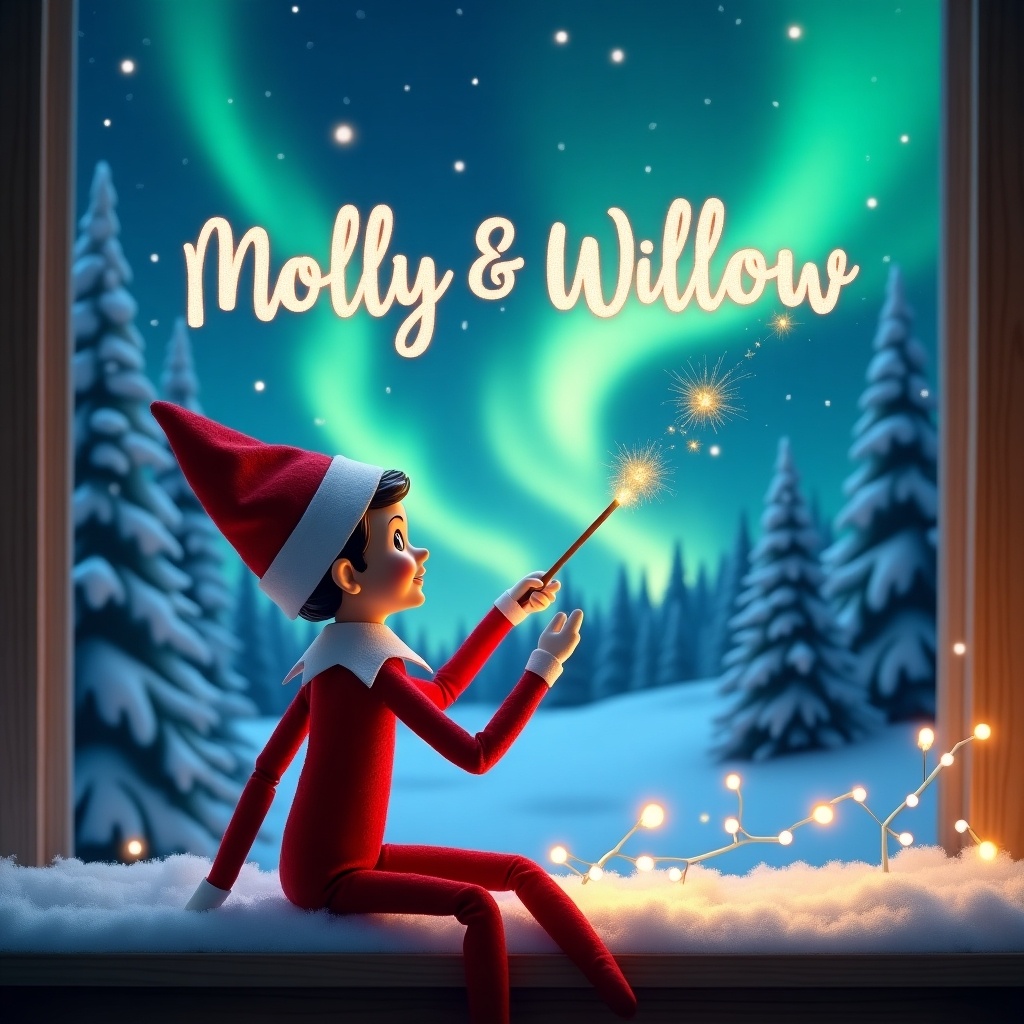 This image depicts an elf on the shelf with its back turned, gazing up at a beautiful magical sky. The elf is using a wand to trace the name 'Molly & Willow' in the air, creating a sparkling effect. The background is filled with a winter wonderland, featuring snow-covered trees and vibrant northern lights illuminating the night sky. The scene evokes a sense of wonder and holiday magic. This image captures the spirit of Christmas and personalization for children celebrating the season.