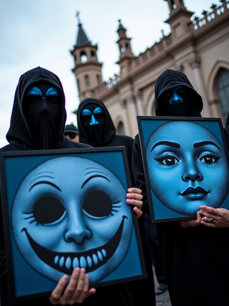 Three hooded figures in black cloaks hold blue-framed portraits of eerie faces in front of a gothic-style building.