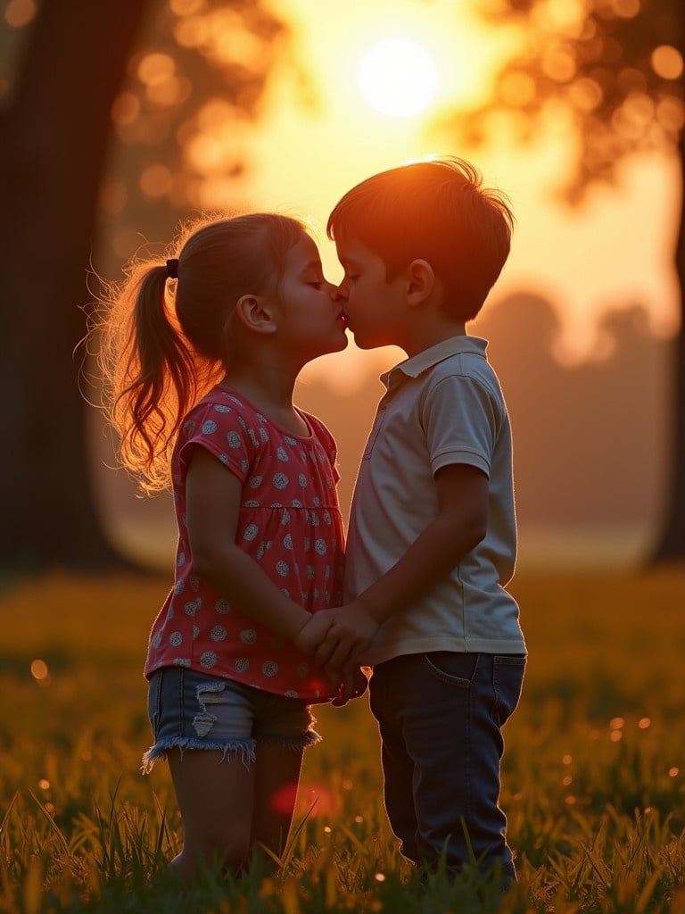 A girl and boy kiss in a park during sunset. The warm light surrounds them as they hold hands.