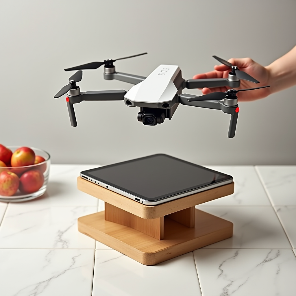 A drone hovers over a tablet on a wooden stand, with a bowl of apples nearby on a marble surface.