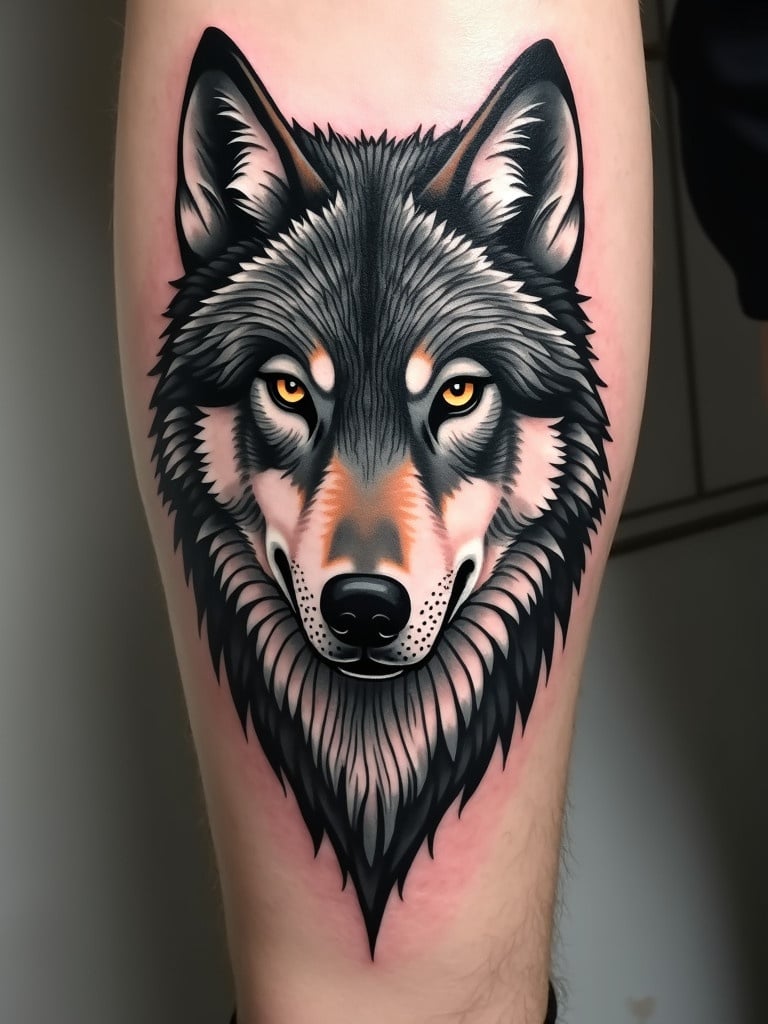 Wolf tattoo design. Half realistic wolf head. Half geometric pattern. Detailed black and gray shading with orange accents.