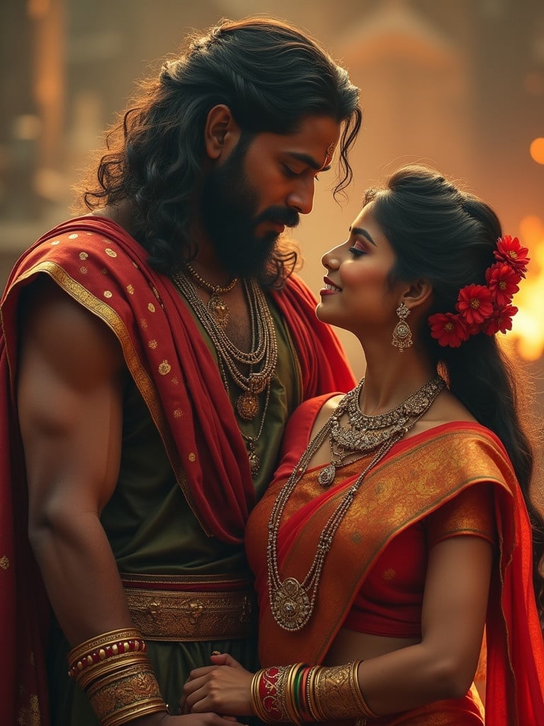 A couple dressed in traditional Indian attire. The male figure has long hair and wears a green and gold outfit, while the female figure has long hair and wears a red sari adorned with jewelry and flowers. The scene is set in a warm, glowing atmosphere, evoking a sense of intimacy and cultural richness.