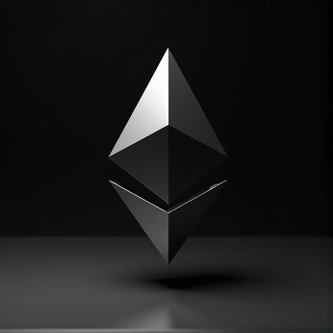 A sleek, metallic geometric shape resembling the Ethereum logo, set against a dark, minimalist background.