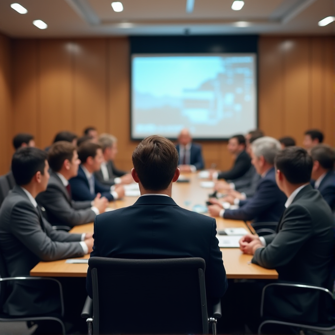 A group of professionals in suits are attentively gathered in a modern conference room, focusing on a presentation projected on a screen.