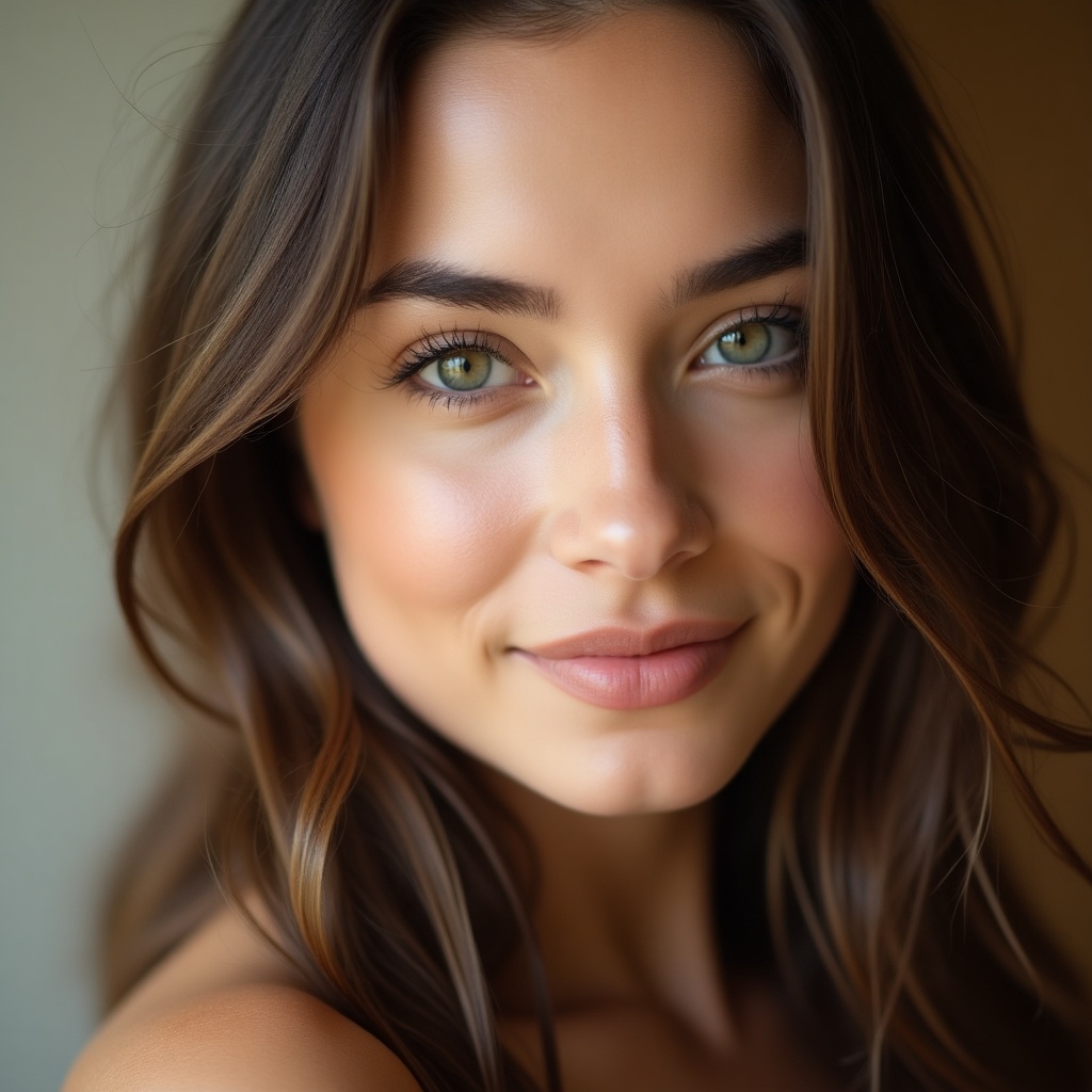 This image showcases a close-up portrait of a young woman. She has soft, gentle features and is wearing natural makeup that enhances her beauty. Her long, wavy hair frames her face beautifully, contributing to the overall softness of the image. The lighting is soft, creating a warm glow that highlights her captivating green eyes. The background is simple and unobtrusive, allowing the focus to remain entirely on her lovely face and expression.