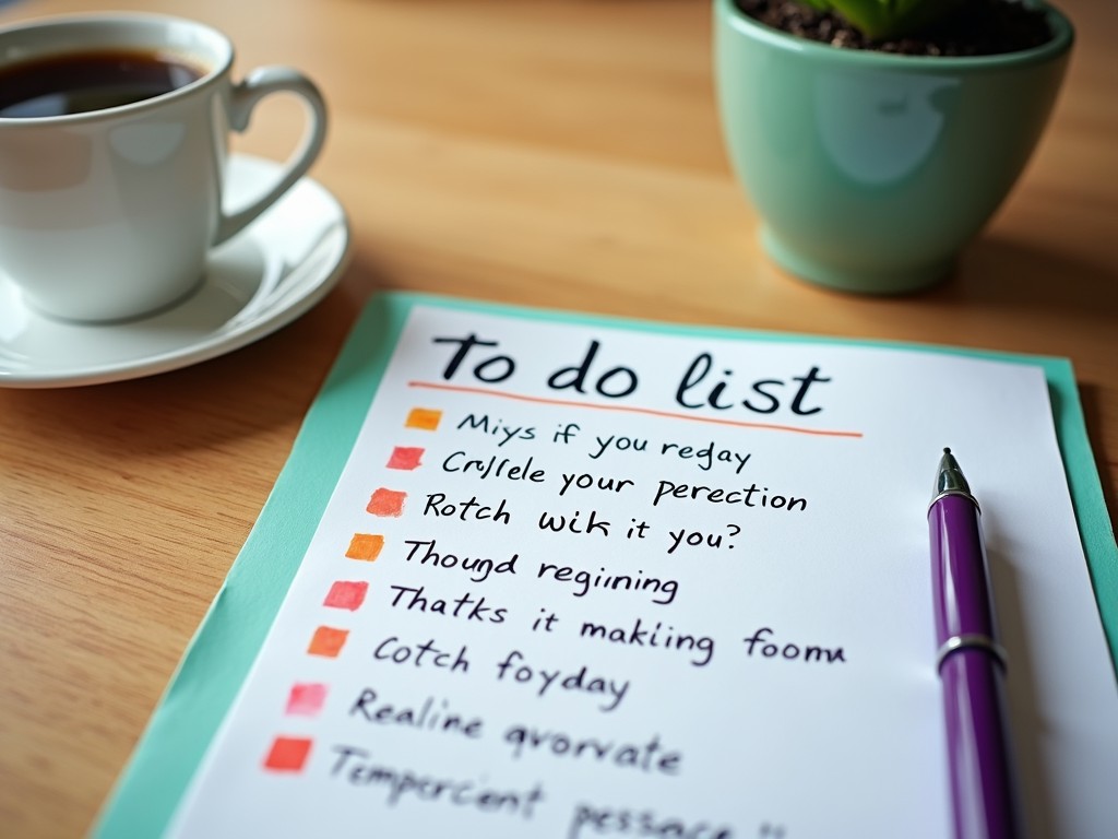 This image portrays a colorful to-do list on a wooden table, beside a cup of coffee. The list includes various tasks with humorous and nonsensical names handwritten in a playful style. A purple pen sits on the paper, suggesting recent use or impending action. A small potted plant is partially visible, adding a touch of greenery and life to the scene.