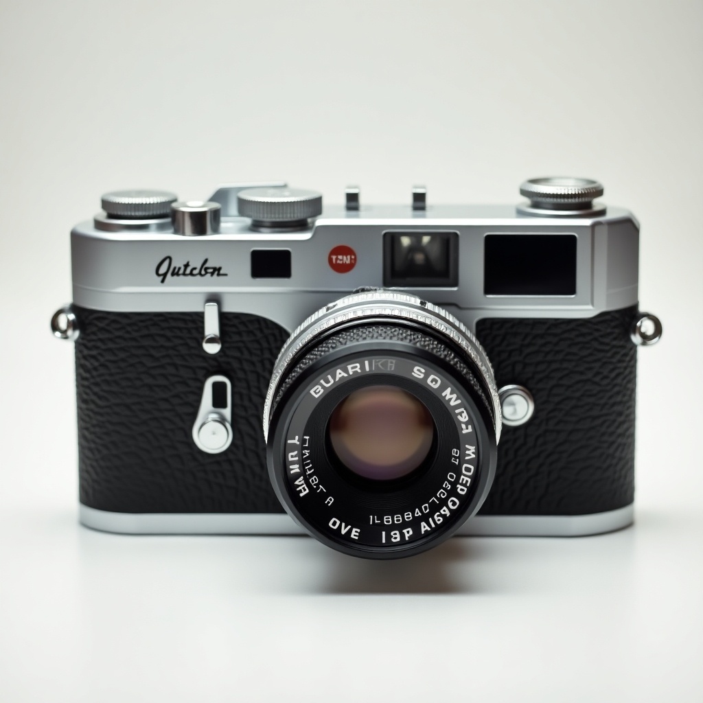 Classic rangefinder camera showcases a sleek silver body with a black leather grip. Prominent lens featured on a clean surface.