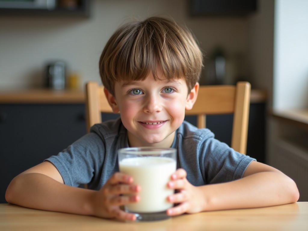 A young boy with brown hair and blue eyes sitting at a wooden table and happily holding a glass of milk, wearing a gray t-shirt, in a softly lit kitchen setting.