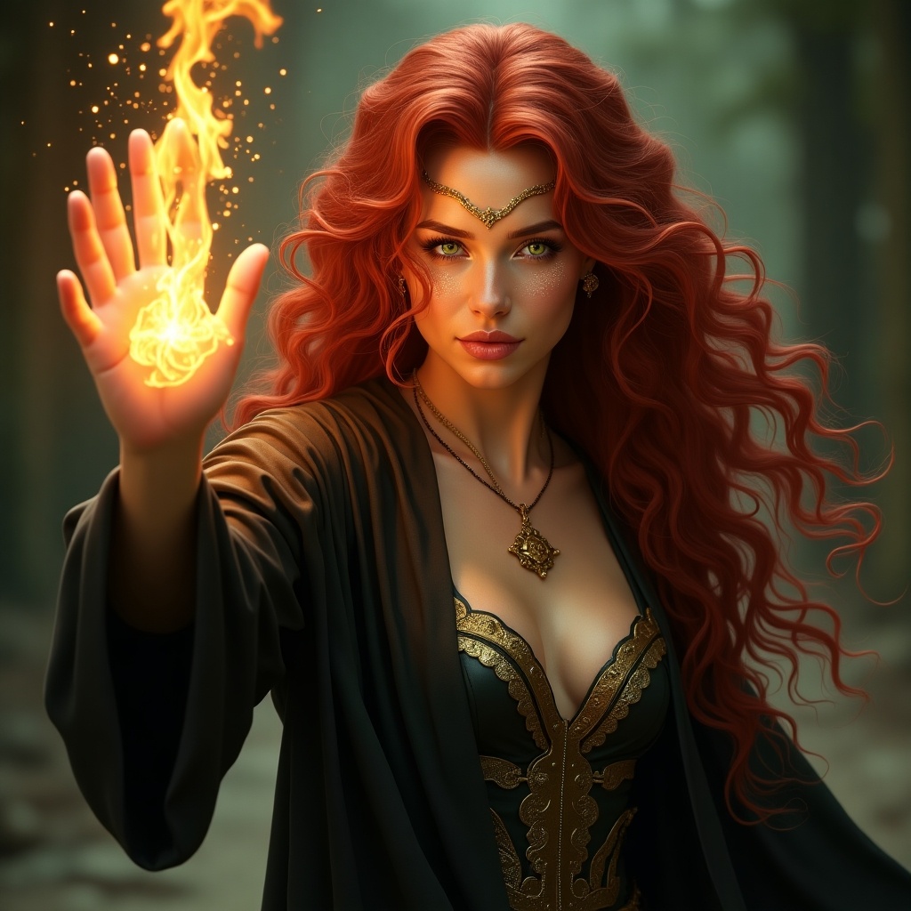 A stunning and captivating portrait of an ethereal sorceress with long dark red hair and golden eyes. She stands confidently while raising her hand, conjuring a magical flame that glows brightly. Her emerald green, speckled golden eyes express self-assurance as she gazes forward. Dressed in a fitted black leather robe, she carries an aura of mystery and power. Golden dragon-like scales are artfully detailed on her pale face, enhancing her otherworldly appearance. The dynamic pose and intricate elements truly depict her as a blend of warrior and spellcaster, captivating any viewer.