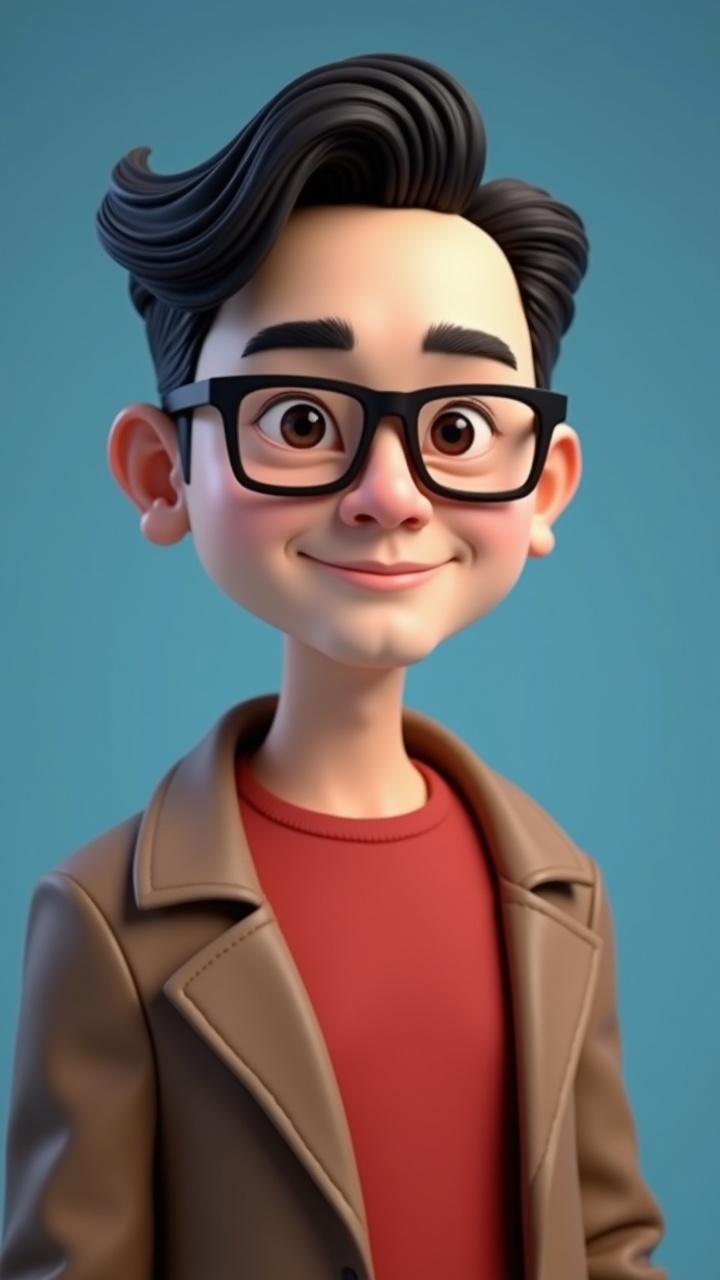 A 3D-rendered, stylized cartoon character with glasses, wearing a brown jacket and red shirt, smiling and looking straight ahead against a blue background.