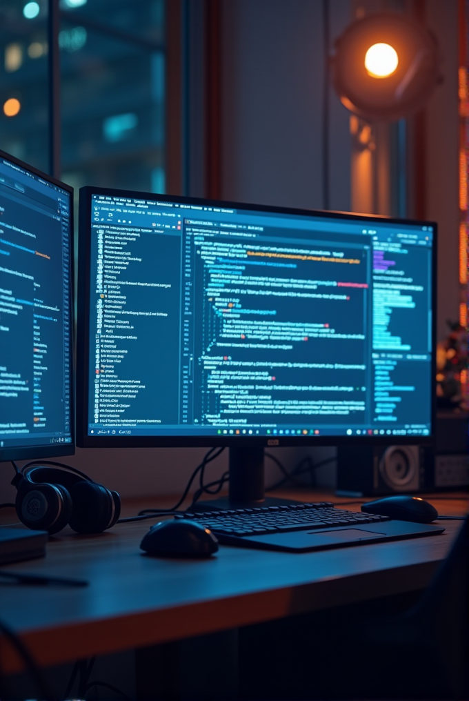 A dual-monitor setup displaying code in a dimly lit room, with warm lighting creating a cozy atmosphere.