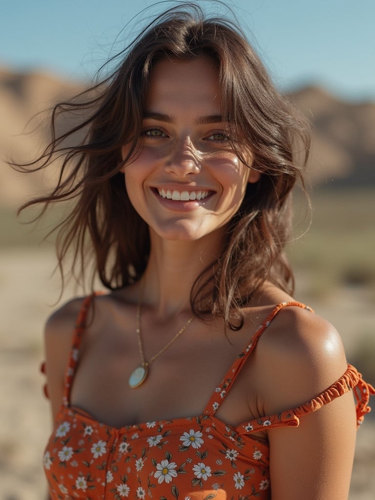 Woman with wavy hair wearing a floral orange dress in a desert landscape. The atmosphere is warm and relaxed. She stands confidently in nature.