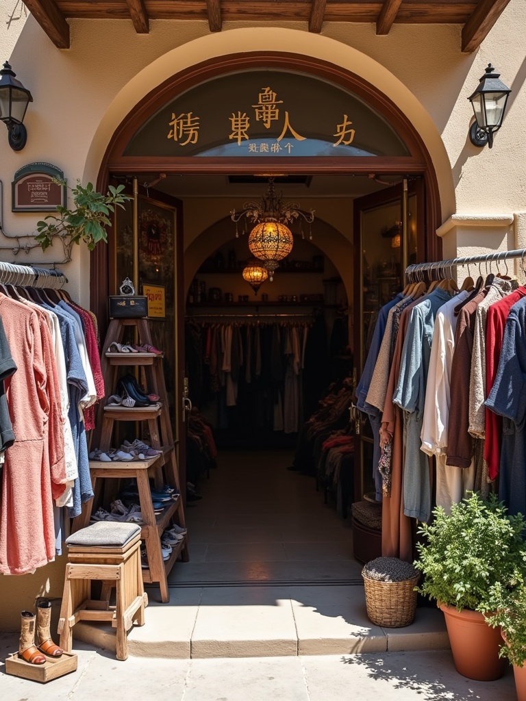 Store entrance of Omaraya. Shop sells clothes and shoes. Clothing racks displayed outside. Lantern hangs above entrance. Plants add greenery to scene.