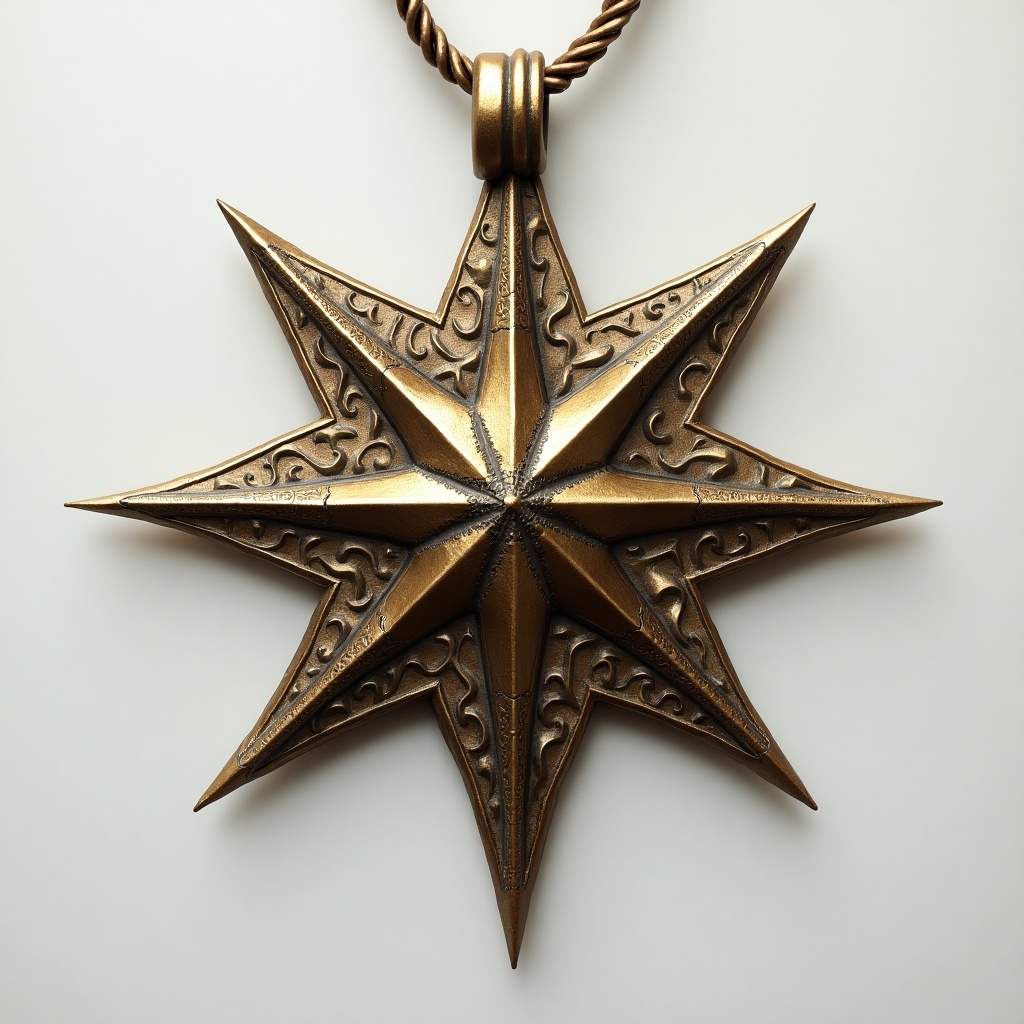 This image showcases a star-shaped pendant designed as a fantasy religious symbol. The pendant features intricate pentagon crest designs and is made from a bronze-like material. It balances simplicity with elegance, making it perfect as a necklace. The overall look is clean and sophisticated, highlighting its artistic and cultural significance. This design is ideal for those with an interest in jewelry and religious artifacts. Its unique design can serve as a conversation piece and a personal accessory.