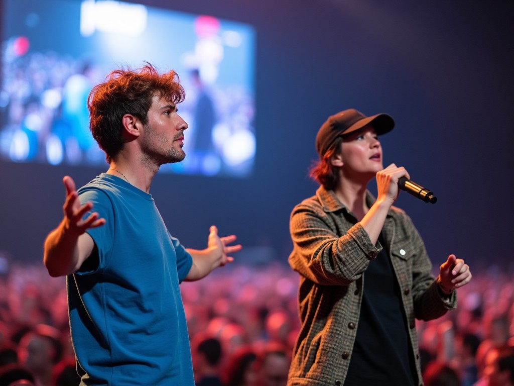 During a dynamic live event, two performers take center stage. The person on the left stands with arms akimbo, showing a casual yet attentive vibe. Dressed in a blue t-shirt, they listen intently as the other performer engages the crowd. The performer on the right holds a microphone and is dressed in a patterned jacket and cap, passionately addressing the audience. The scene is filled with stage lights and a large crowd, embodying the vibrant energy of the concert. A large screen in the background enhances the excitement of the event, providing a larger view of the stage.