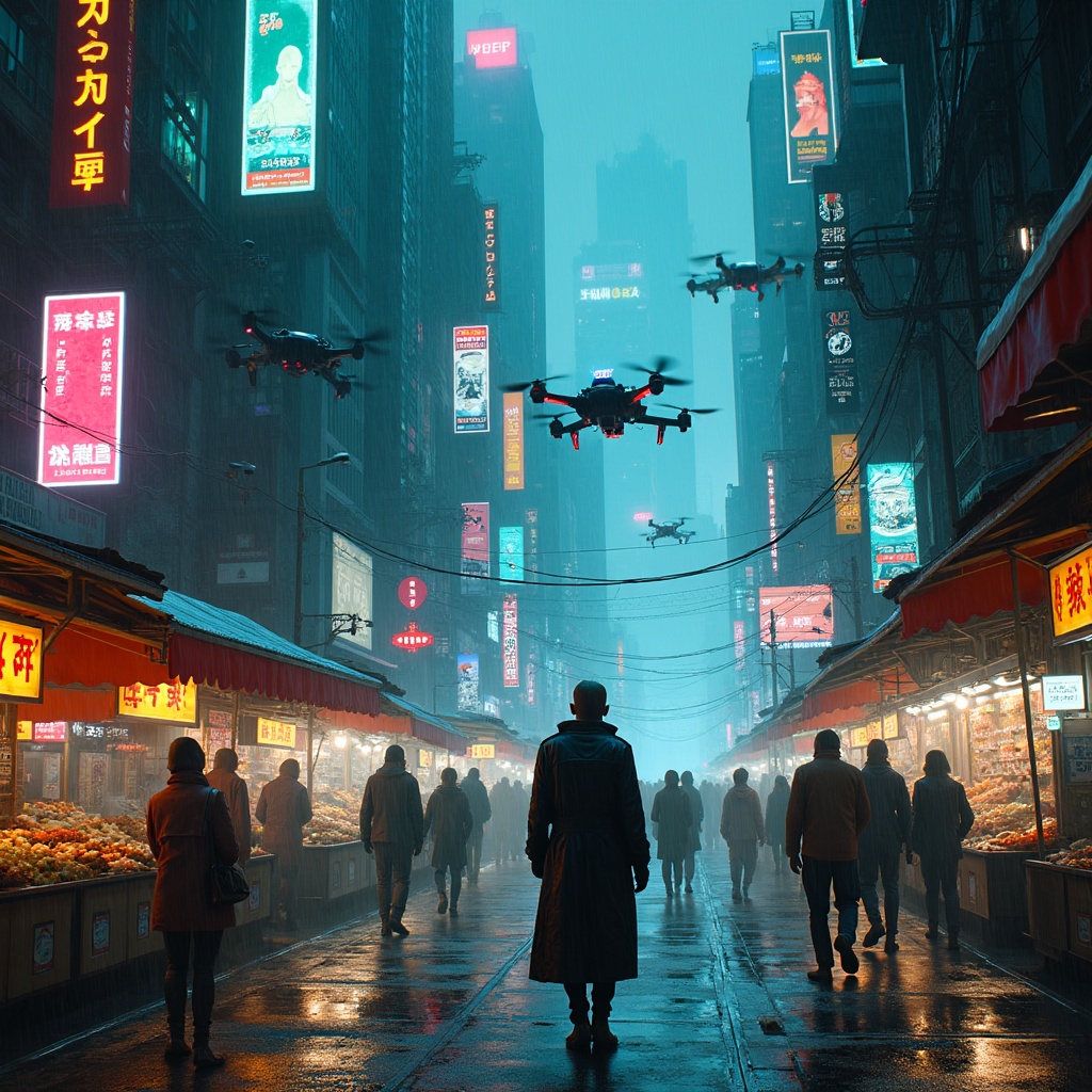 Futuristic city street with vibrant neon signs and drones hovering above the crowd.