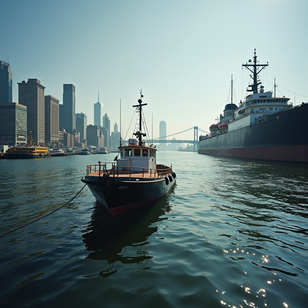 A small boat navigates a river with a vibrant city skyline in the background.